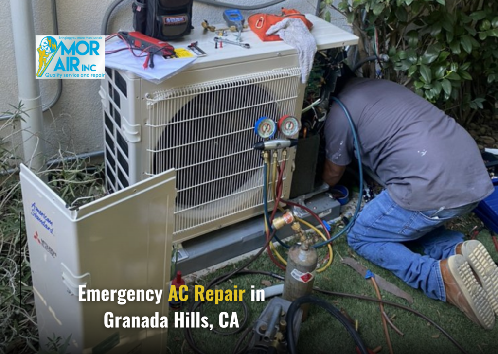 Emergency AC repair technician servicing an air conditioning unit in Granada Hills, CA